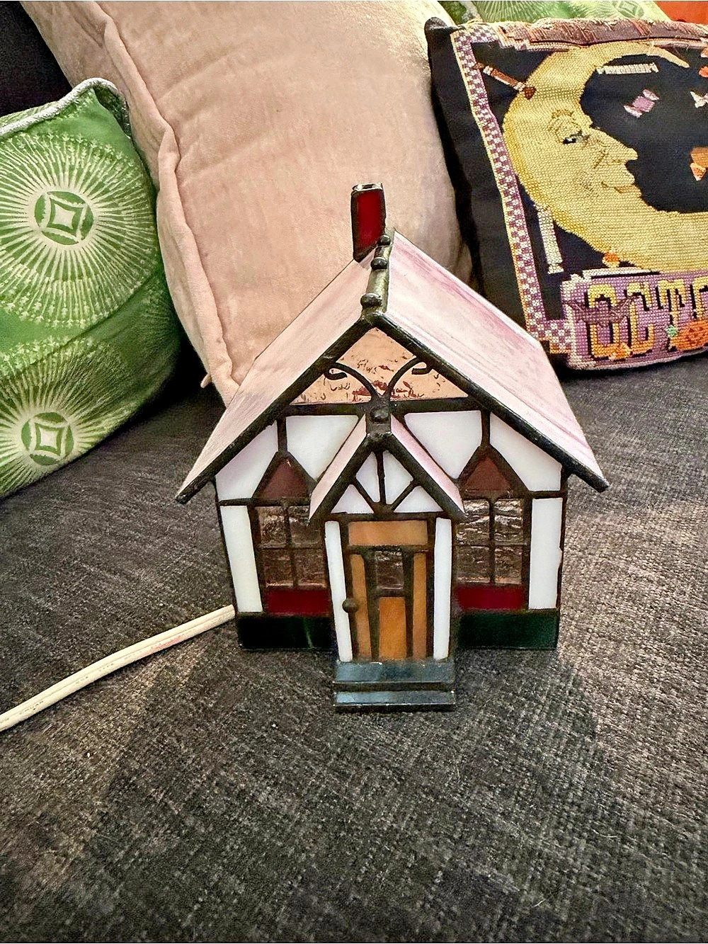 Stained Glass House Lamp in Pink & Green for a Christmas village
